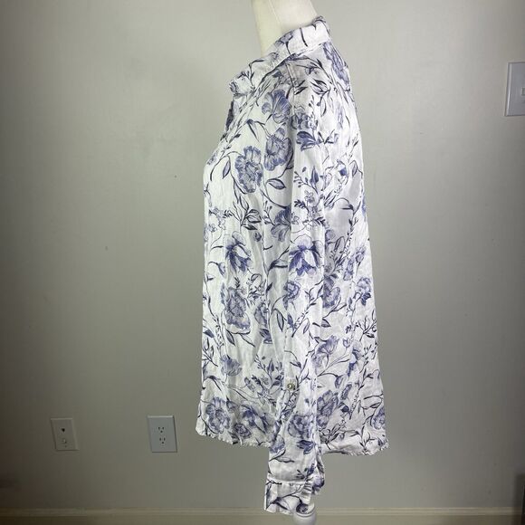 Cynthia Rowley Linen Blouse Top L Blue White Floral Roll Tab Sleeves Art to Wear - Picture 2 of 11